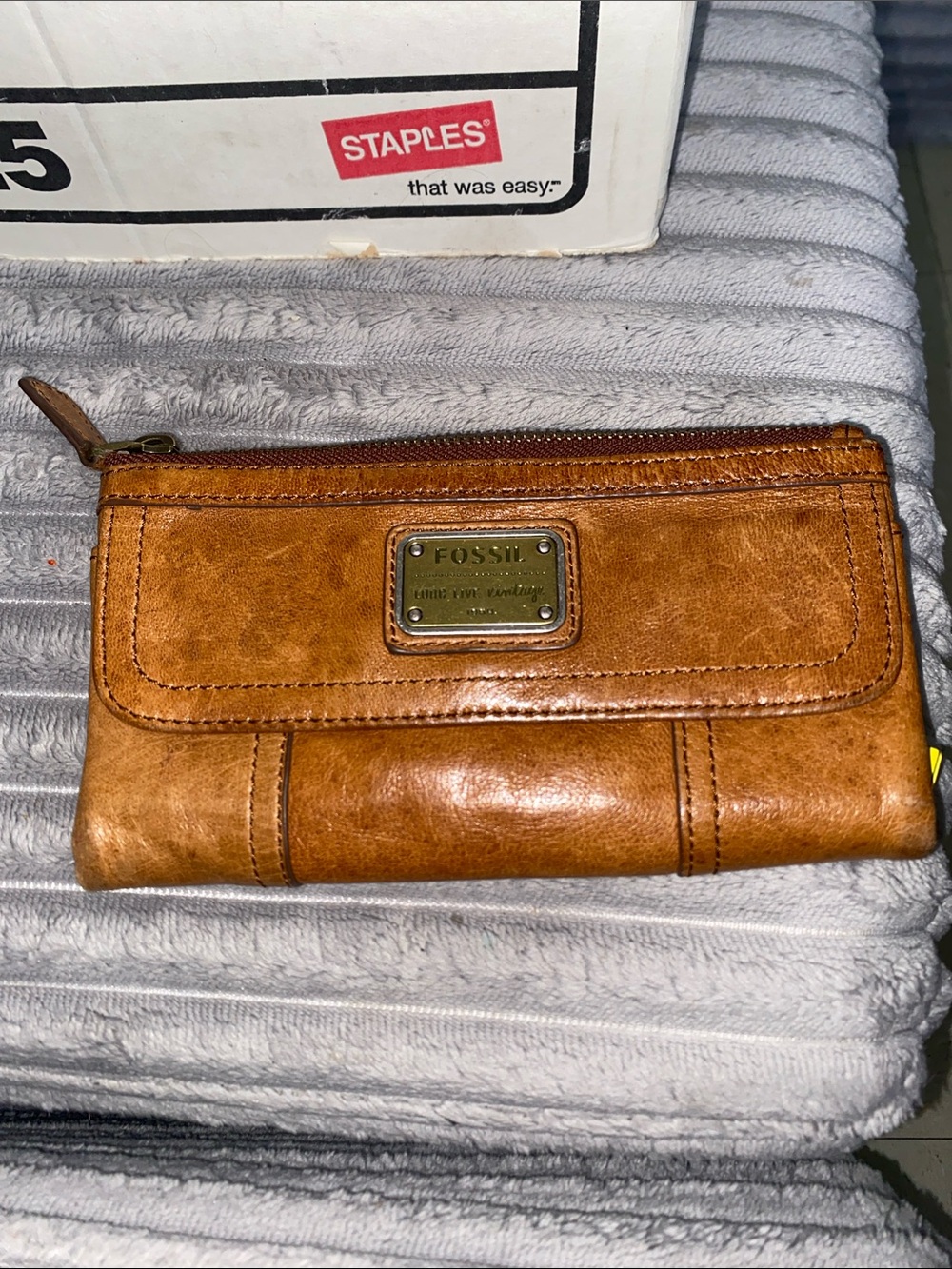 Fossil Tan Leather Zip Wallet Long Live Vintage 1954